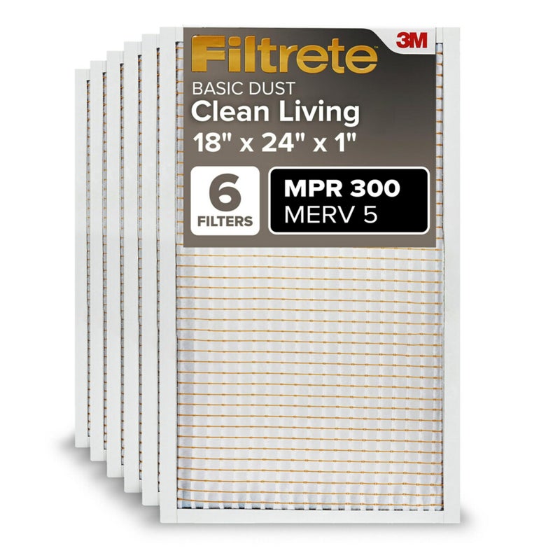 Filtrete 18x24x1 Air Filter, MPR 300, MERV 5, Clean Living Basic Dust 3-Month Pleated 1-Inch Air Filters, 6 Filters - Image 1